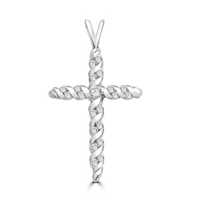Diamond Essence round stones set in spiral gold twists to make this beautiful cross pendant. 0.45 ct.t.w. in Platinum plated sterling silver.