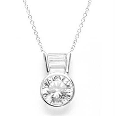 Diamond Essence Slide Pendant with 3.0 ct Round stone and Baguettes, 3.5 ct.tw. in Platinum Plated Sterling Silver.