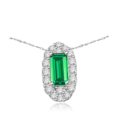 Emerald City Pendant with a 3.0 Cts. Emerald Cut Emerald Essence center surrounded by fiery Round Cut Diamond Essence Stones, 3.30 Cts. T.W. in Platinum Plated Sterling Silver.
Free Silver Chain Included.