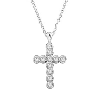 Show your spirit with a heavy, solid cross pendant made with Round Diamond Essence stones 1.5 Cts. each Delightfully Dazzling 2-1/4"H and 1-3/4"W. Chain Not Included.