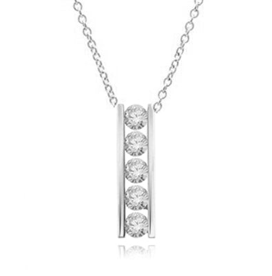 Diamond Essence round brilliant stones, 0.5 ct. each, set in a row between two bars channel setting. 2.5 cts.t.w.in Platinum Plated Over Sterling Silver.