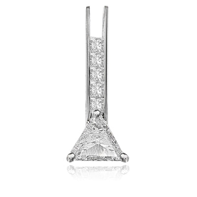 Diamond Essence princess cut melee set between two bars and two carat Trilliant cut Diamond Essence at the bottom makes aa elegant pendant for daily wear. 3 cts.t.w. in Platinum plated Sterling Silver.
