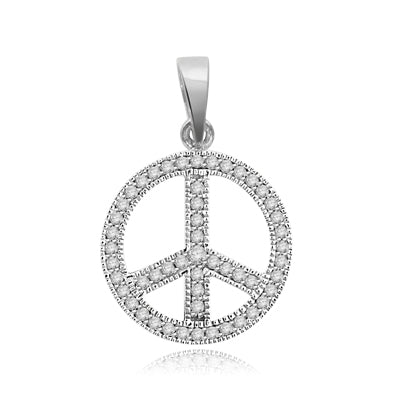 PEACE Sign Pendant. Platinum Plated Sterling Silver Pendant, channel set Round Brilliant Diamond Essence stones sparkling bright and spreading peace everywhere. 1.00 ct.t.w.