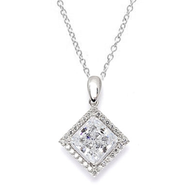 Diamond Essence Designer Pendant  with 2.5 ct. Princess Cut Stone sorrounded by Round Stones in Platinum Plated Sterling Silver.
