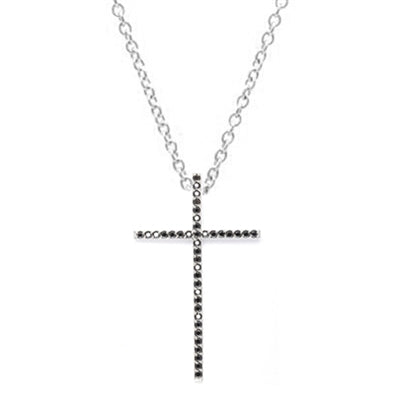 Diamond Essence Cross Pendant with Round Black Onyx Stones in Platinum Plated Sterling Silver.