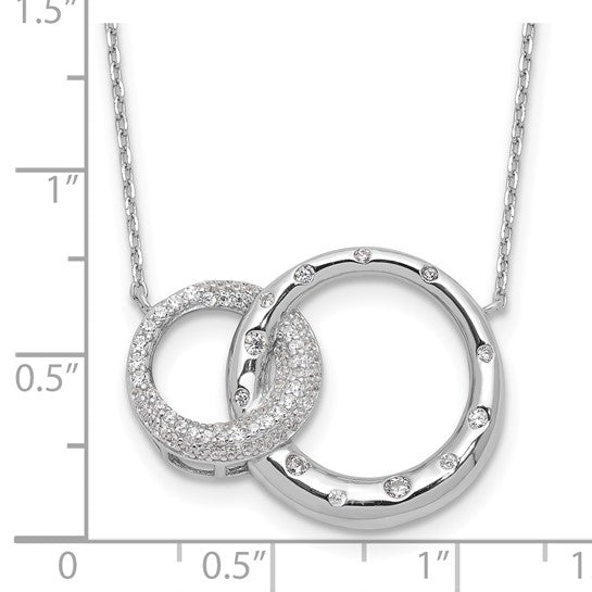 Interlocking circles with Diamond essence round brilliant stones in silver necklace.