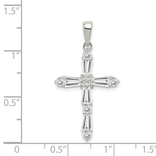 Beautiful designer cross pendant with Diamond Essence tapered baguettes and round stones, 2.0 cts.t.w. set in Platinum Plated Sterling silver.
Free silver chain included.
