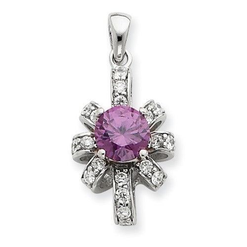 Diamond Essence Designer Pendant with 0.75 Ct. round Amethyst Essence center and Brilliant melee in artistic setting, 1.0 Ct.t.w.in Platinum Plated Sterling Silver.
