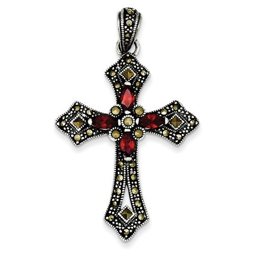 Sterling Silver Cross Pendant with Diamond Essence Marquise cut Red Stones & Marcasite.