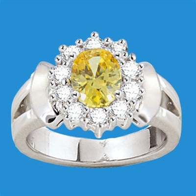Wide Sterling Band with canary Essence Center and Round Brilliant Melee, 2.25 cts.t.w. set in a solid prong setting.