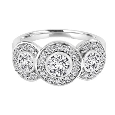 Three stone ring with surrounded melee,1.35 cts. t.w. in Platinum plated Sterling silver