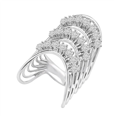 Diamond Essence Designer Ring With Three Curved Rows Of Round Brilliant Stones, 3 Cts.T.W. In Platinum Plated Sterling Silver.