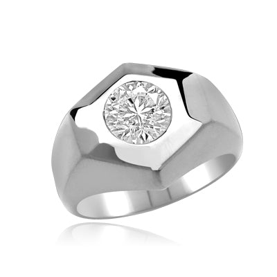 Classically Cut Man's Ring with an inviting 2.25Ct. Round Brilliant Cut Diamond Essence Masterpiece standing alone in equally awe inspiring setting. A great solo performance.In Platinum Plated Sterling Silver.
