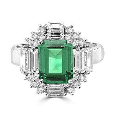 Ring  emerald cut emerald stone, baguettes on 4 sides