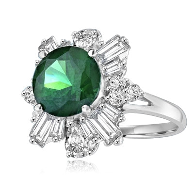 Dazzling ring of 2.5 ct round-cut Emerald Diamond Essence stone with petal baguettes of Diamond Essence round and teardrop masterpieces all around. 4.25 cts. T.W. set in Platinum Plated Sterling Silver.