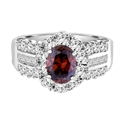 Diamond Essence Designer Ring with 1.0 ct. Oval cut Chocolate center surrounded by round stones and three rows of Diamond Essence stones, Princess in middle and Round on each side. 4.00 ct. T.W. set in Platinum Plated Sterling Silver.