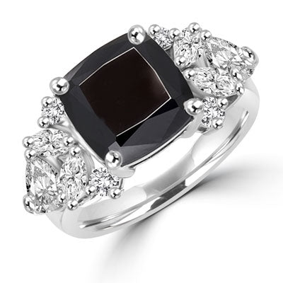Diamond Essence Designer ring with 4.0 ct. Onyx center with round, marquies and heart shaped stones on each side, 6.5 ct. tw. in Platinum Plated Sterling Silver.