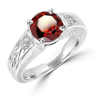 Diamond Essence Designer ring with 2.0 ct. Chocolate stone in center with a round stone on each side of the band, 2.10 ct. tw. in Platinum Plated Sterling Silver.