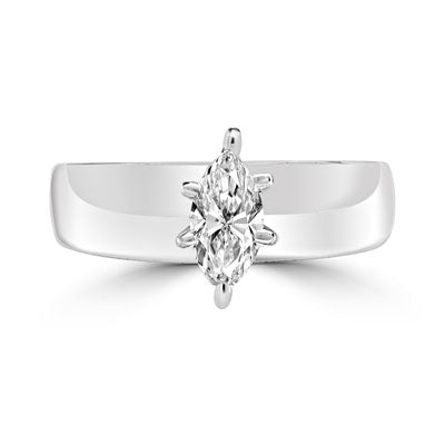 Wide Band Solitaire Ring with 0.75 ct.t.w. of Diamond Essence Marquise cut stone, set in six prongs setting, Platinum Plated Sterling Silver.