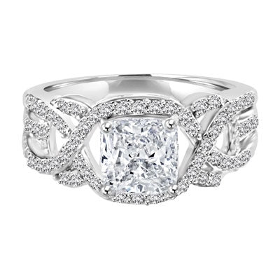 Cushion cut Diamond Essence set high in the center with melee around and on the band