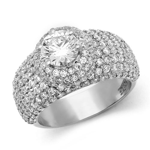 Diamond Essence Designer Cocktail Ring With 1 Ct. Round Brilliant Center Set On Dome Pave Setting Melee, 3 Cts.T.W. In Platinum Plated Sterling Silver.