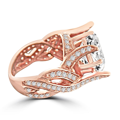 Prong Set Designer Ring with Artificial Round Brilliant Diamond and Melee by Diamond Essence set in Plated Over Sterling Silver.