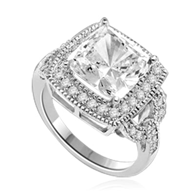 An Artstic Ring that boasts a sparkle of 4.0 Cts. Cushion Cut Diamond Essence Masterpiece with a supreme row of melee essence on the salute. In Platinum Plated Sterling Silver.
