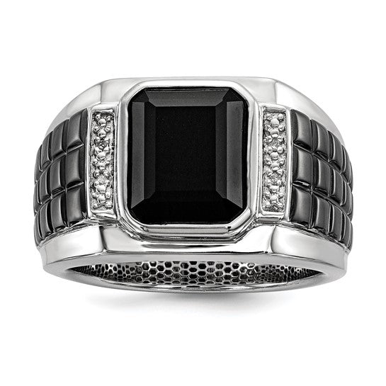 Bezel Set Emerald Cut Onyx and Round Diamond Stones In Platinum Plated Sterling Silver