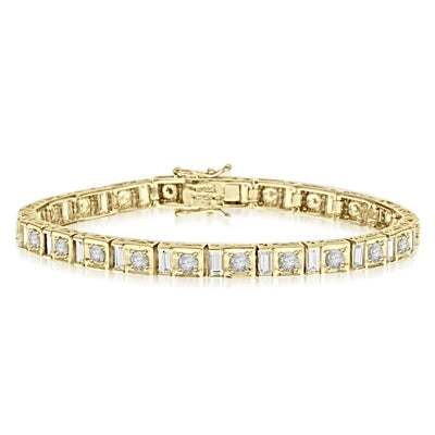 7" long stunning design bracelet with Diamond essence emerald cut baguettes and round brilliant Diamond Essence masterpieces set in ethnic setting of Gold Vermeil. Appx. 9.0 cts.t.w.
