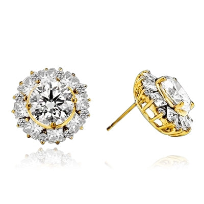 Designer Earrings With Round Brilliant Diamond essence in center surrounded by alternately set Princess and melee. 14.5 Cts T.W. set in 14K Gold Vermeil.