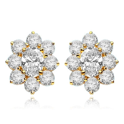 Flower Cluster - Each Earring with 1.0 Cts. Oval Center surrounded by Round Diamond Essence, 4.0 Cts. T.W. set in 14k Gold Vermeil.