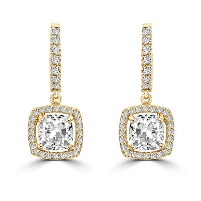Diamond Essence Leverback Earrings with 1.0 ct. Cushion cut Round Brilliant Melee, 2.50 cts.t.w. in Gold Plated Sterling Silver.