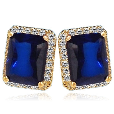 Sapphire Earrings - 4.0 Cts. Emerald cut Sapphire Essence set in center with sparkling Melee around. 8.5 Cts. T.W. set in 14k Gold Vermeil.