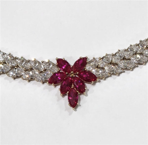 Designer Necklace with Marquise cut Ruby Floral in center and 2 rows of graduating  Marquise Essence all around neckline. Appx. 72.0 Cts.t.w. set in 14K Gold Vermeil.