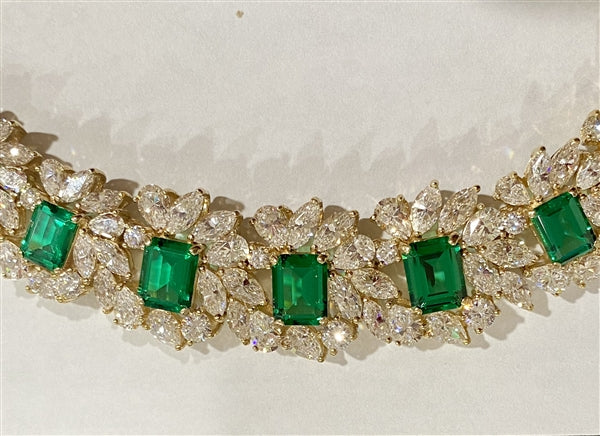 Prong Set Designer Necklace with Simulated Emerald Cut Emerald, Pear, Marquise Essence and Round Brilliant Diamonds by Diamond Essence set in Vermeil