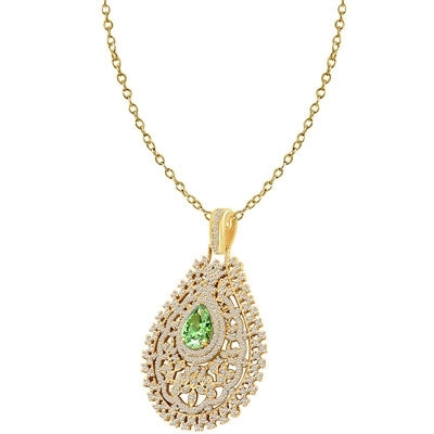 Prong Set Designer Pendant with Simulated Pear Cut Emerald in Center surrounded by Artistically set Brilliant Melee Diamonds by Diamond Essence set in Vermeil