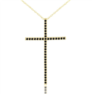 Diamond Essence Cross Pendant with Round Black Onyx Stones in Gold Plated Over Sterling Silver.