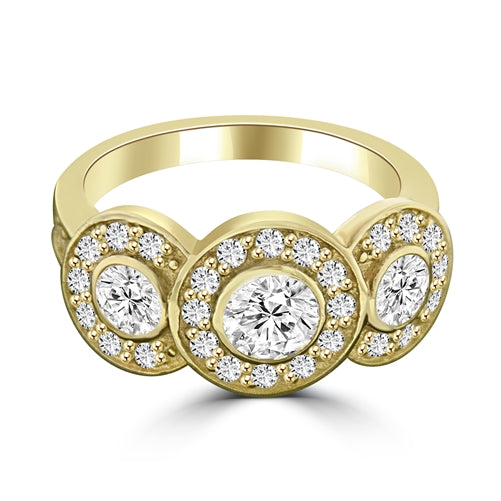 Three stone ring with surrounded melee,1.35 cts. t.w. in 14K Gold Vermeil.