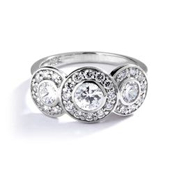 Three stone ring with surrounded melee,1.35 cts. t.w. in 14K Gold Vermeil.