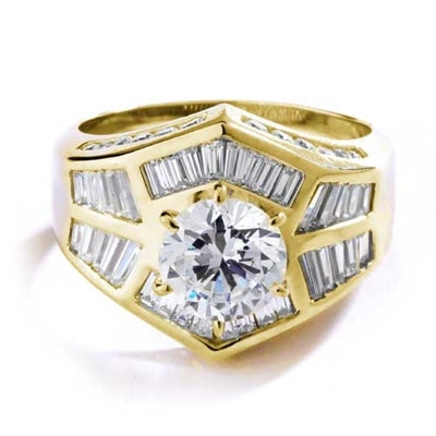 Classic cocktail ring, with 2 carat center stone in six pongs setting. Channel set baguettes set artistically, and round melee on band makes it perfect party wear. 4.5 ct.t.w. in Gold Vermeil.