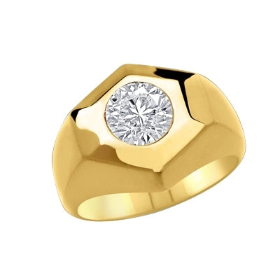 Classically Cut Man's Ring with an inviting 2.25Ct. Round Brilliant Cut Diamond Essence Masterpiece standing alone in equally awe inspiring setting. A great solo performance.In Gold Vermeil.