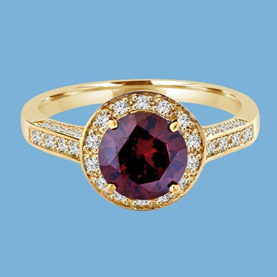 Diamond Essence Designer ring with 2.0 ct. Round Chocolate stone in center, surrounded by round stones, 2.5 cts. T.W. set in 14K Gold Vermeil.