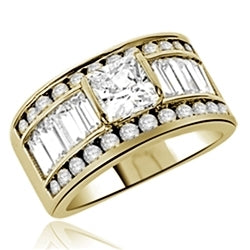 Diamond Essence Designer Ring With Princess Stone and ablaze with Baguettes and Melee, 7 Cts.T.W. set in 14K Gold Vermeil.
