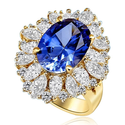 Medley Magic - Artistically set mixture of Marquise cut, Pear cut and Round cut Diamond Essences around 6.0 Cts. Oval cut Sapphire Essence in center. Perfect for Party. 10.0 Cts T.W. set in 14K Gold Vermeil.