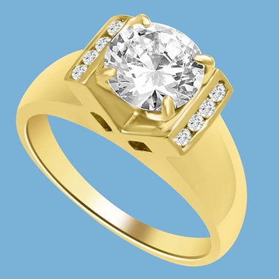 A Brilliant 2 Ct. Round sits smartly atop a wide tapering band with bezel set accentuators. The V Groove is an eye pleaser with 4 prong setting. 2.10 Ct. T.W. In 14k Gold Vermeil.