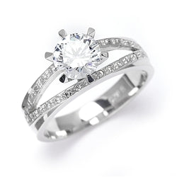 Diamond Essence Ring with 1.0ct. Round brilliant stone set in six prongs with two rows of round stones on each side, 1.20ct. T.W. set in 14K Gold Vermeil.