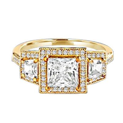 Diamond Essence Ring with 1.5ct. Princess Cut stone set in four prongs with baguettes on each side surrounded by round stones, 2.5ct.T.W. set in 14K Gold Vermeil.