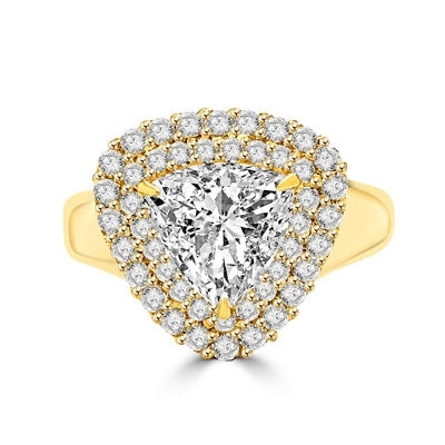 Beautiful designer Ring - Trilliant cut Diamond Essence, 3 ct center set in three prongs setting, surrounded by two rows of Diamond Essence melee. 5.25 cts.t.w.in 14K Gold Vermeil.