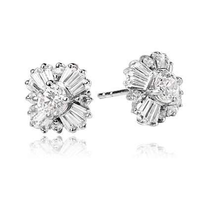 Magnificent star bright Earrings with Round Brilliant Diamond Essence and Baguettes Masterpieces, 1.25 Cts. T.W. in 14K Solid White Gold.