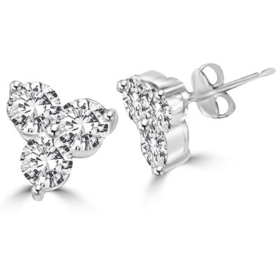 Solid white Gold earring with floral setting in 3 round stones